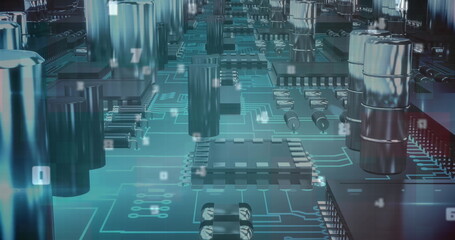 Highlighting PCB cluster showing traces in lab, with capacitors, IC chips and resistor arrays