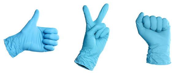 Nitrile medical gloves isolated on white, collage collage of gestures