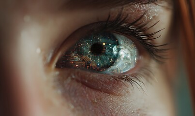 Digital eye concept with futuristic elements representing technology and vision enhancement