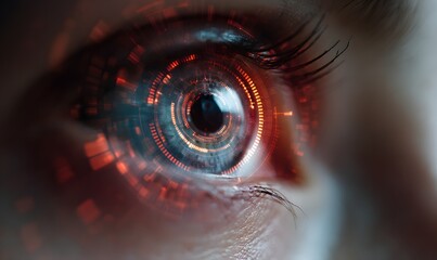 Digital eye concept with futuristic elements representing technology and vision enhancement