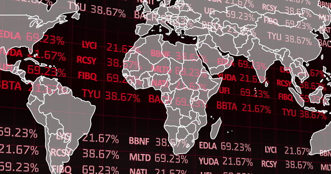 Projecting gray world map over financial display interface, showing stock tickers and percentages