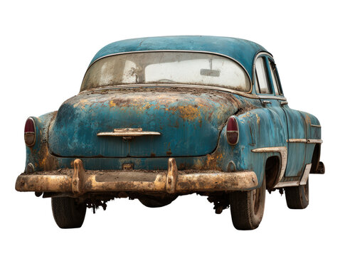 Fototapeta Abandoned vintage car in decaying state, rear view with exposed trunk, isolated on a Transparent background, PNG file.