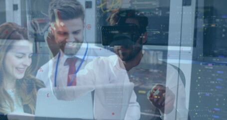 Man with VR headset interacting with holographic code overlays in data center, with server racks