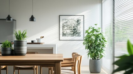Fototapeta premium Bright, airy modern dining room with plants, natural light, and minimalist decor