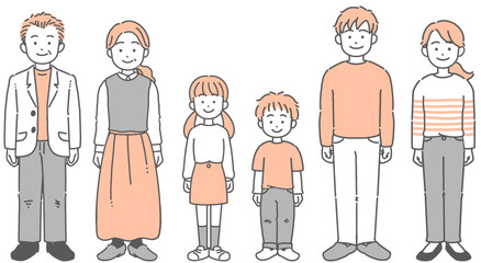 祖父母・両親・子どもの3世代家族が立っているイラストセット	
