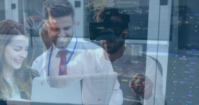 Man with VR headset interacting with holographic code overlays in data center, with server racks