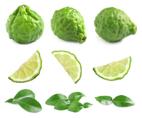 Fresh ripe bergamot fruits and green leaves on white background, collage