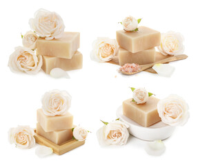Soap bars and roses isolated on white, collage
