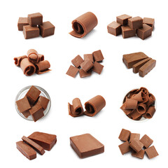 Chocolate butter isolated on white, set. Cubes, shavings and block