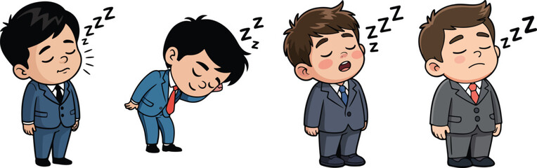 Cartoon illustration of four businessmen sleeping while standing in their suits isolated on white