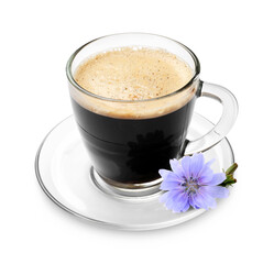 Fototapeta premium Chicory drink in glass cup and flower isolated on white