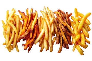 Assorted French fries with crispy edges, top view isolated on a Transparent background, PNG file. layout