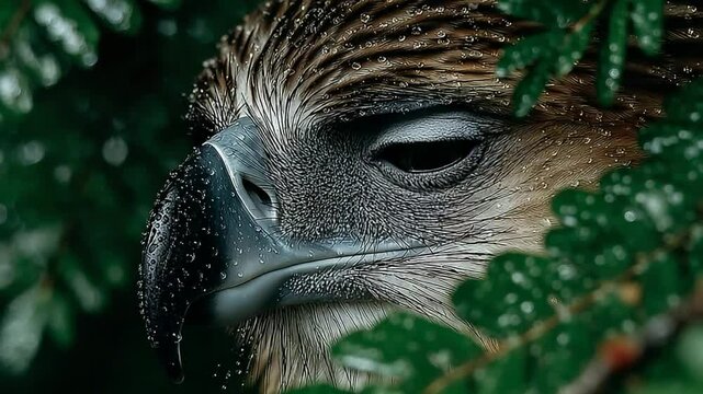 Captivating close-up of a Philippine Eagle peeking through lush green foliage with intense gaze