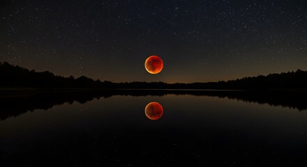 Starry sky with full lunar eclipse reflected on lake surface
