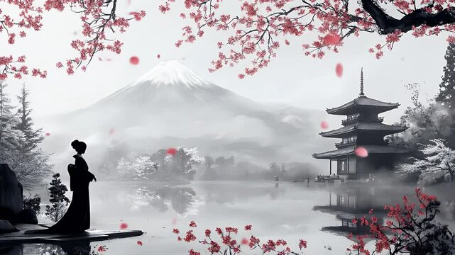 Japanese Ink Painting Animation of Mountain, Lake, Cherry Blossom, and Traditional Castle.

