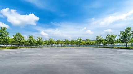 Empty parking lot with trees under sunny sky