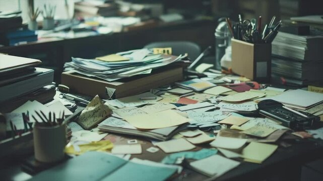 Overwhelmed workspace; papers, pens, and sticky notes scattered on desk