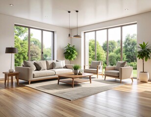 Fototapeta premium Modern living room interior with minimalist furniture, large windows with natural