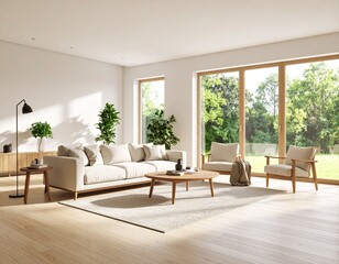 Naklejka premium Modern living room interior with minimalist furniture, large windows with natural