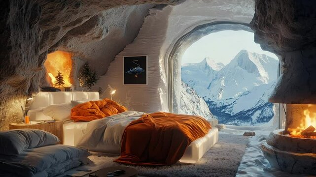 Cozy cave bedroom with mountain view, fireplace, and warm decor