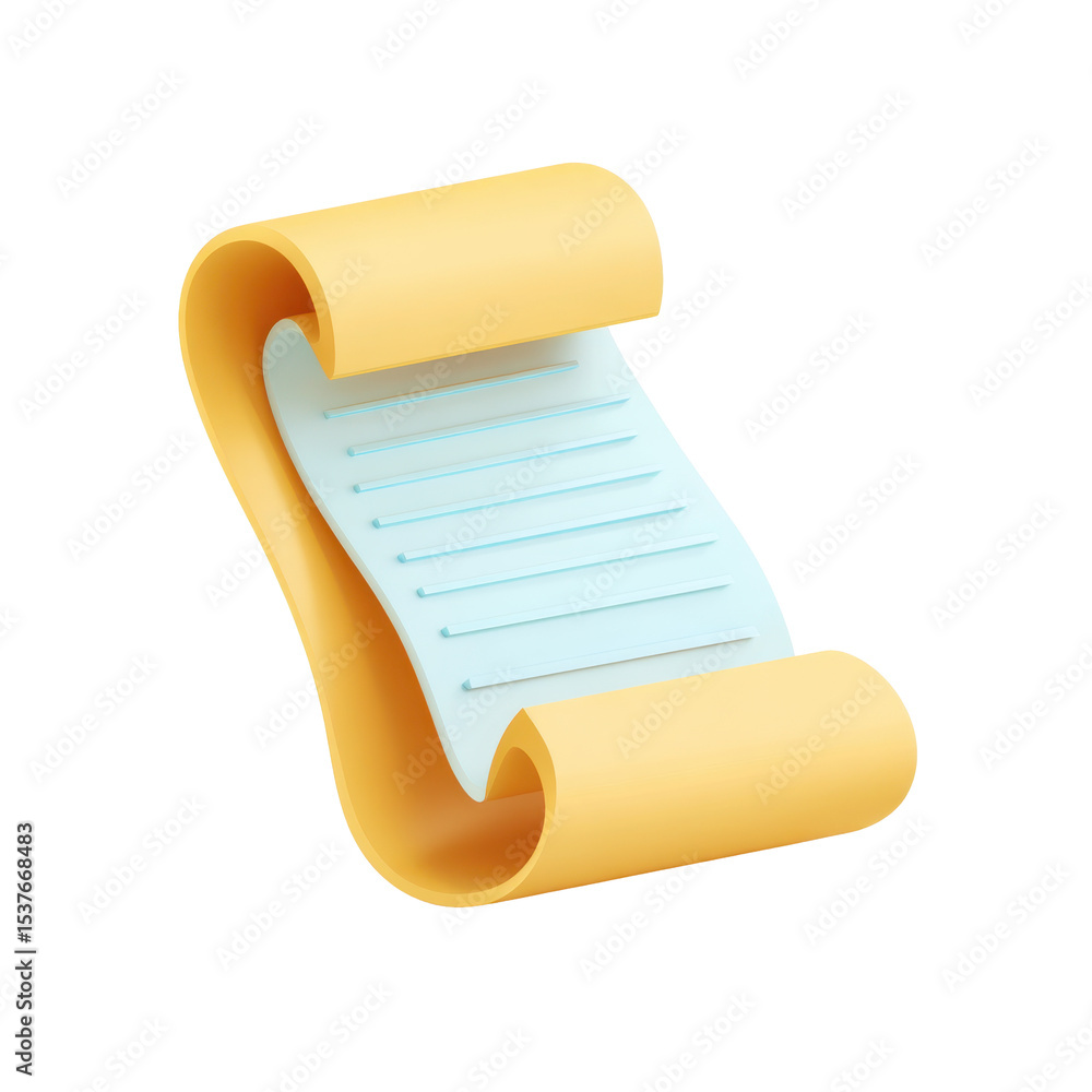 Poster a clean and transparent 3d render of a rolled document depicting a file icon with paper texture