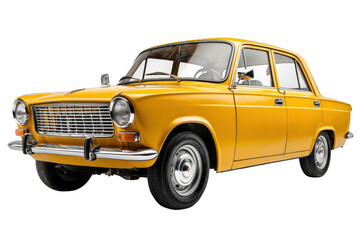Bright yellow classic Soviet sedan with boxy shape and steel bumper, isolated on a Transparent background, PNG file.