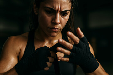 Women in sports. A focused female athlete wraps black hand wraps before training, showing determination and intensity in a dimly lit environment.