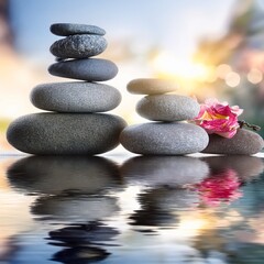 smooth stones with water reflection, zen garden mood” 
