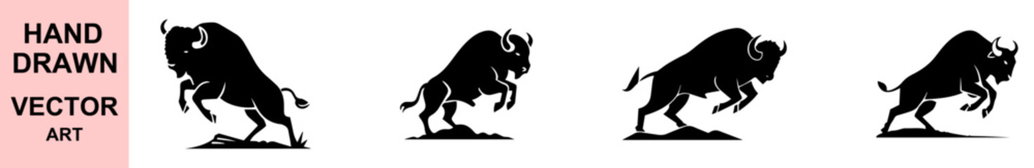 Charging bison hand drawn vector silhouettes with powerful posture, perfect for logos, wild west themes, nature branding, ranch artwork, and bold animal graphics.