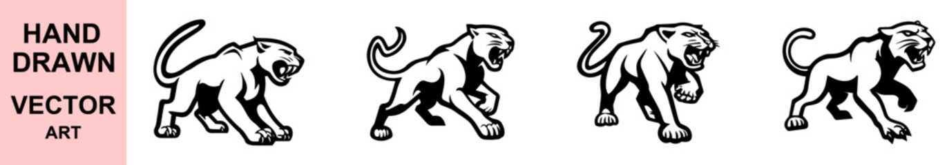 Hand drawn vector panther illustrations in aggressive attack poses, perfect for tattoos, logos, mascots, vintage apparel, bold prints, and wildlife-inspired graphic designs.