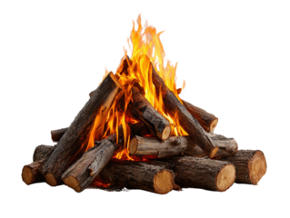 Burning campfire made of dry wooden logs with orange flames, isolated on a Transparent background, isolated on a Transparent background, PNG file.