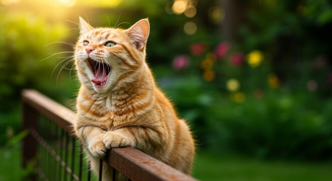 Ginger tabby cat yawning dramatically while perched on a metal fence outdoors - Powered by Adobe