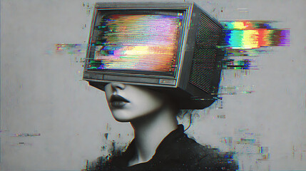 Psychedelic cyberpunk woman with television head displaying rainbow glitch effects, neon lights in dark futuristic city, surreal digital art with high contrast and chaotic vibe.