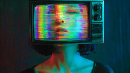 Psychedelic cyberpunk woman with television head displaying rainbow glitch effects, neon lights in dark futuristic city, surreal digital art with high contrast and chaotic vibe.
