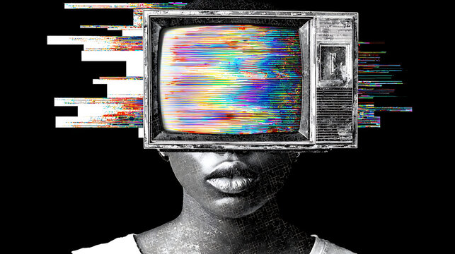 Psychedelic cyberpunk woman with television head displaying rainbow glitch effects, neon lights in dark futuristic city, surreal digital art with high contrast and chaotic vibe.