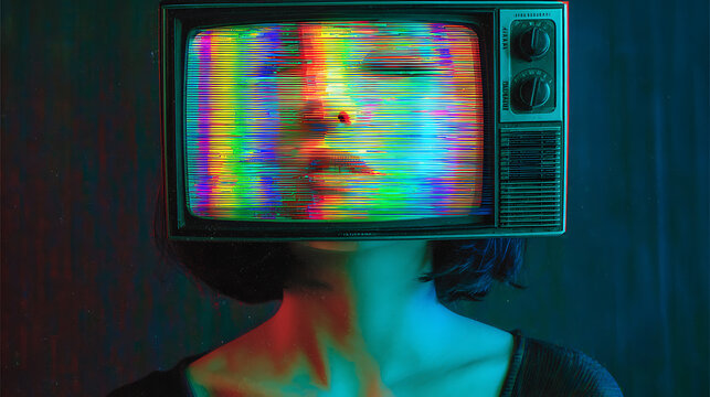 Psychedelic cyberpunk woman with television head displaying rainbow glitch effects, neon lights in dark futuristic city, surreal digital art with high contrast and chaotic vibe.