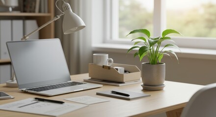 Serene workspace featuring laptop plant and organized essentials for productivity
