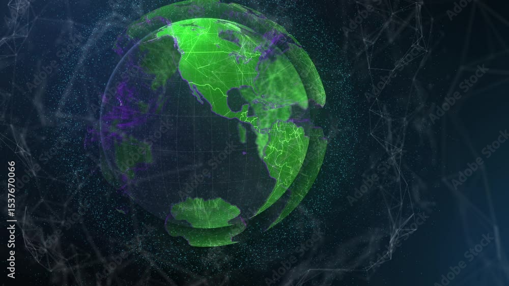 Poster rotating digital globe showing continents, purple grid highlights in space showing data flow