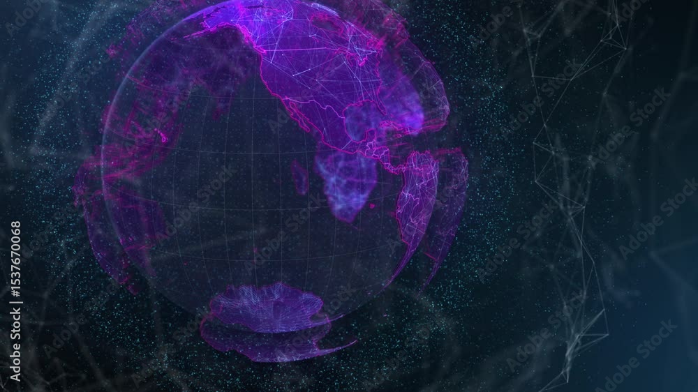 Poster Emerging wireframe globe pulsing network nodes and streaming lines in void, visualizing data flow