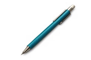 Turquoise mechanical pencil resting on a transparent background, poised for writing or drawing, ideal for creative projects and note-taking