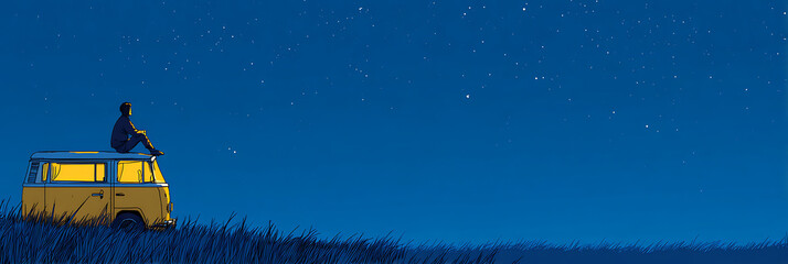 Minimalist illustration of a peaceful night scene with a camper van on summer grassland under starry sky, warm lights, and a person gazing upwards. Dreamy and hazy artistic style.