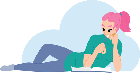 A young girl lies down and reads a book. Illustration of a student learning a lesson from a book. School days.