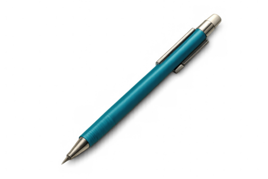 Turquoise mechanical pencil resting on a transparent background, poised for writing or drawing, ideal for creative projects and note-taking