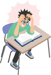 Illustration of a student sitting at a desk and reading a book. The young man is trying to prepare for an exam. School days.