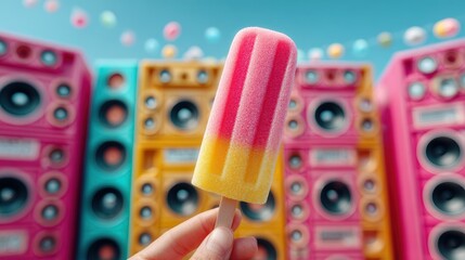 A colorful popsicle held in front of vibrant, stacked speakers against a clear blue sky.