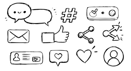 Hand Drawn Social Media Icons Set featuring Communication Likes Shares and Profile design elements