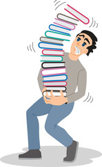 Illustration of a student carrying a large number of books. The young man is trying to prepare for an exam. School days.