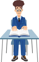 Illustration of a student sitting at a desk and reading a book. A young man is learning a lesson from a book. School days.