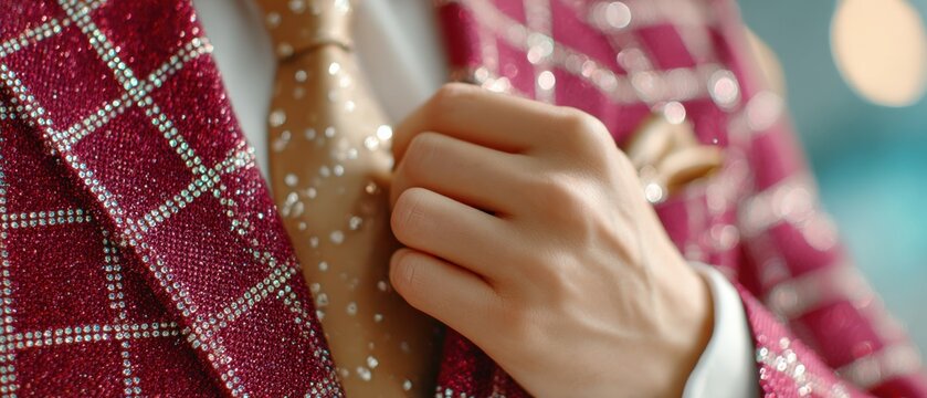 A close-up of a person adjusting a gold polka-dotted tie, wearing a red checkered suit jacket with a white shirt underneath.