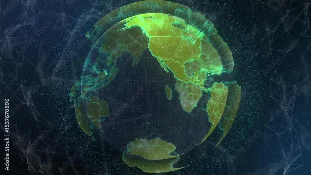 Poster Fading in digital globe rotating in data network with pulsing rings showing global data flow